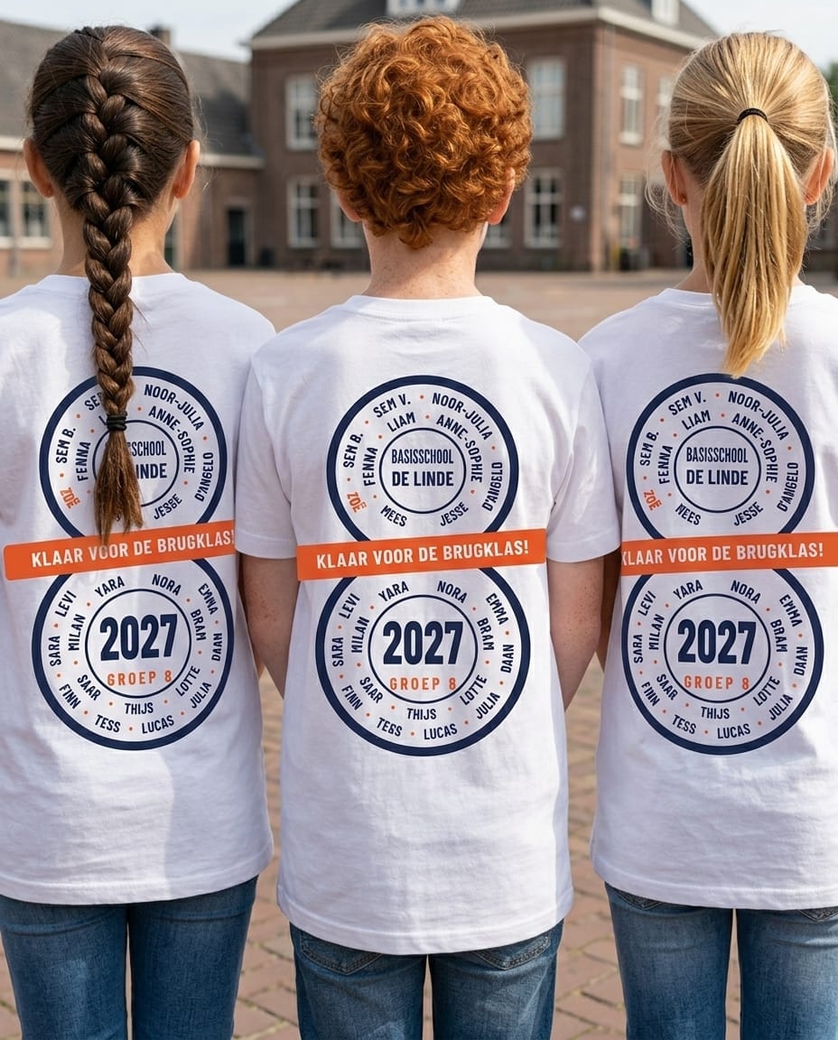 Leerlingen van groep 8 van achteren gezien in witte afscheidsshirts met alle namen in een grote 8 op de rug