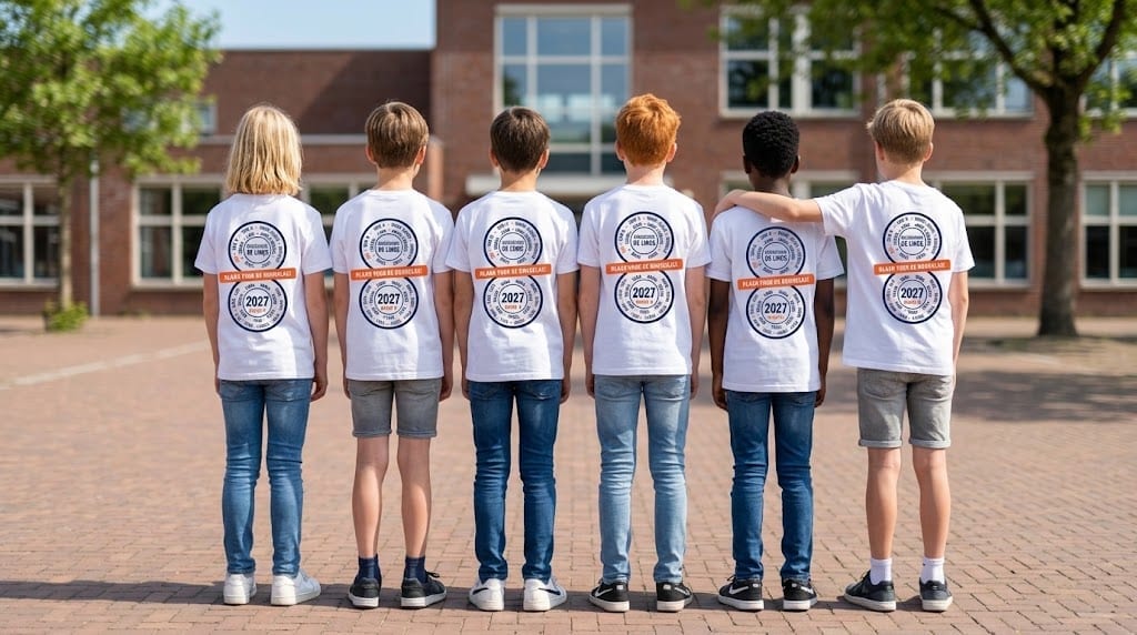 Leerlingen van groep 8 van achteren gezien in witte afscheidsshirts met alle namen in een grote 8 op de rug