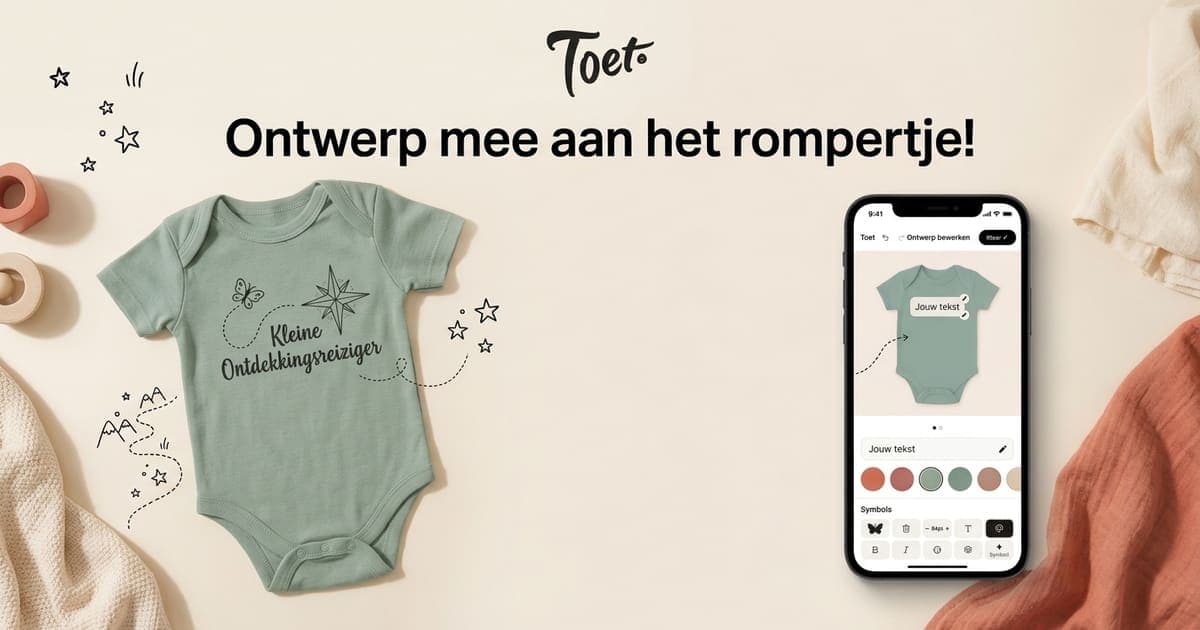 Babyshower rompertjes ontworpen door gasten, met de online designer op een telefoon
